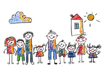 Kids drawing Happy family Mother, father, sister, brother Happy mom and dad with son and daughter Family house Children illustration with happy couple, kids, parents, house Home for my family Chalk