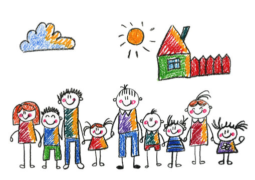 Kids drawing Happy family Mother, father, sister, brother Happy mom and dad with son and daughter Family house Children illustration with happy couple, kids, parents, house Home for my family Chalk