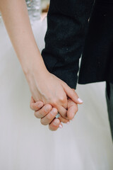 The bride and groom hold hands, close-up, beautiful skin