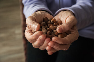 Wrinkled hands. The hands of the elderly man hold things Old Hands and Nuts