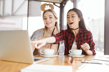 Beautiful young women drinking coffee and using laptop in cafe at lunch meeting