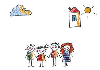 Kids drawing Happy family Mother, father, sister, brother Happy mom and dad with son and daughter Family house Children illustration with happy couple, kids, parents, house Home for my family Chalk