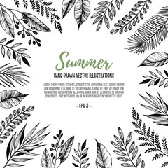 Hand drawn vector illustration. Square frame with leaves and branches. Perfect for wedding invitations, greeting cards, prints, postcards and more