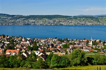 Seepanorama auf Stadt Wädenswil und den Zürichsee. Mit Aussicht bis nach Männedorf, Meilen und...