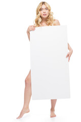 shocked  woman holding blank banner in hands isolated on white