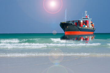 ship with container vessel go to international terminal port with throughput Capacity import export goods Far Eastern Freight Conferenceto client concept worker team of business.