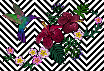 Panele Szklane Podświetlane  Hawaje kwiat haft czarno biały pasek bezszwowe tło. Modny druk dekoracji liści palmowych hibiskusa plumeria. Tropikalny egzotyczny kwitnący ptak koliber ilustracji wektorowych