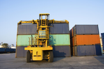 container with forklift on blue sky .