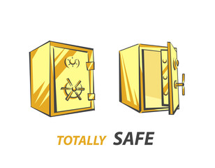 Gold bank safe, opened and closed, vector illustration in cartoon style, three-quarter view