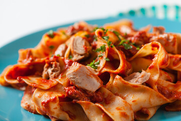 Pappardelle pasta with tuna, in tomato sauce.