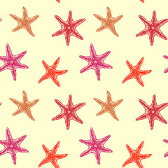 Sea stars, seamless pattern design, hand drawn doodle, sketch in pop art style, color illustration, soft yellow background