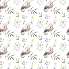 Watercolor illustrations of birds and floral. Cute seamless pattern.
