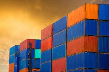 Container on glod color sky after storm