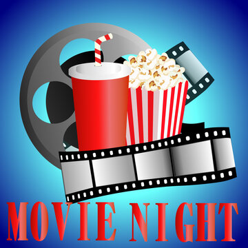 Cinema background with popcorn box, film strip