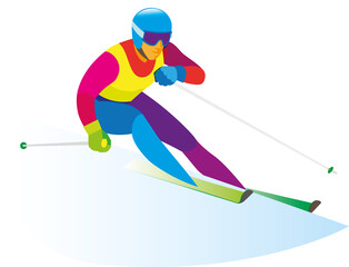 Obraz premium Alpine skier passes a complicated turn of the downhill