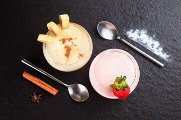 cocktail is based on drinking yoghurt with fruits is on the table