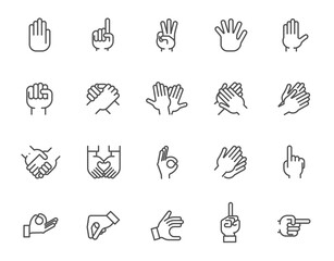 Big line icon set of human hands with different signs. 20 mono linear web graphic pictograms. Outline symbols of gesture arms. Business, friendship, love, language, pointer concept. Vector