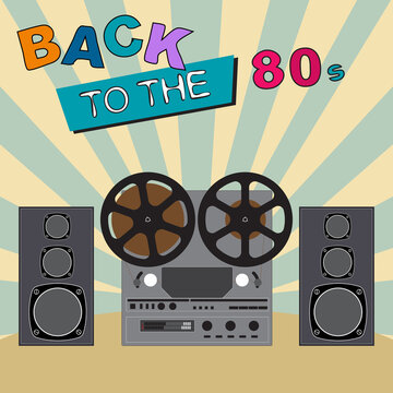 Back to the 80's. Retro  Colorful background. Eighties vector graphic poster and banner. Fashion style 

graphic template tape recorder and speakers. Easy editable for Your design.
