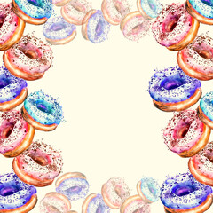 Watercolor drawing donut. The group cakes, sweets. Watercolor postcard,logo, illustration, background