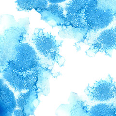 Blue watery frame .Abstract watercolor hand drawn illustration. Azure splash.White background.