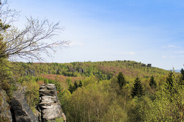 Fototapeta na wymiar Rock mountain in Tisa overall view with trees and sky. Czech landscape