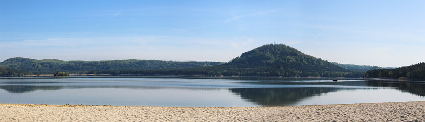 Panoramatic wiev to Machas lake from main beach. Czech landscape