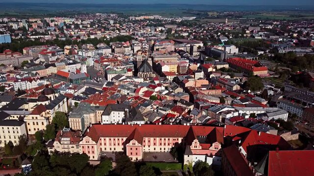 Flight over Olomouc old town, Czech Republic.