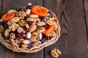 Mix of nuts and dry fruits in a wooden plate. Assortment of walnuts, almonds, roasted cashews, pistachios, dry apricots, cranberries and raisins. Copy space and selective focus.