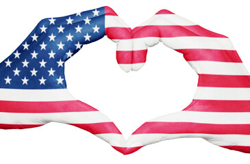 USA flag painted on hands forming a heart isolated on white background, Unites States of America national and patriotism concept