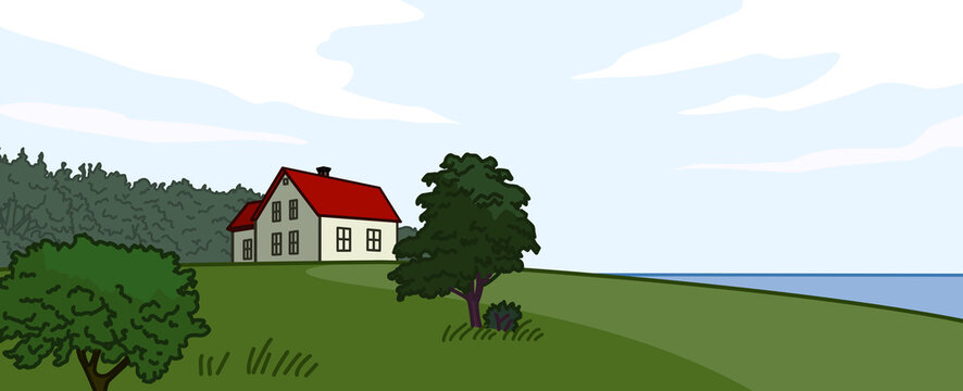 Vector illustration of landscape with house, trees, forest and water