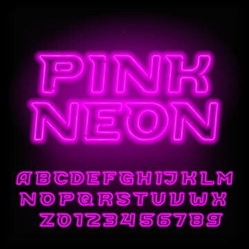 Neon tube alphabet font. Pink color type letters and numbers. Oblique vector typeface for headlines, posters, etc.
