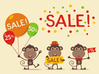 Set for design sale with monkey. Collection of cartoon monkey for sale of children goods.