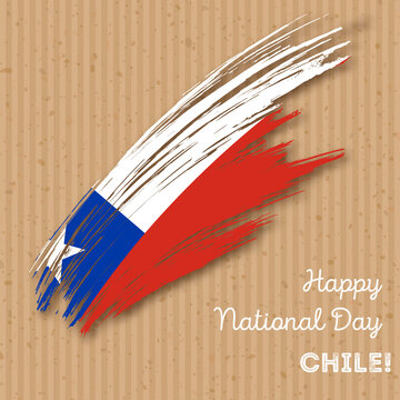 Chile Independence Day Patriotic Design. Expressive Brush Stroke in National Flag Colors on kraft paper background. Happy Independence Day Chile Vector Greeting Card.