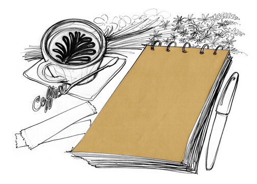 Paper notebook with coffee break times drawn
