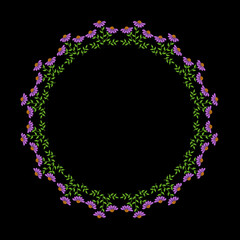 Embroidery stitches imitation fashion frame with folk flower and green leaf