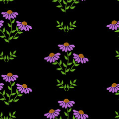 Seamless pattern with embroidery stitches imitation flower and green leaf