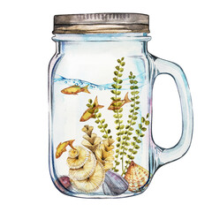 Isoleted Tumbler with Marine Life Landscape - the ocean and the underwater world with different inhabitants. Aquarium concept for posters, T-shirts, labels, websites, postcards.