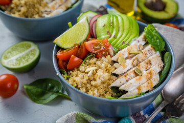 Fresh healthy salad in bowl and ingredients