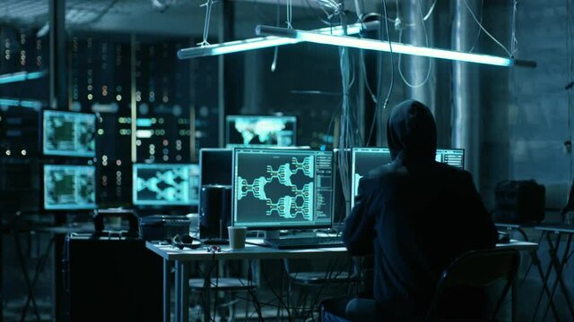 Team of Internationally Wanted Teenage Hackers Infect Servers and Infrastructure with Malware. Their Hideout is Dark, Neon Lit and Has Multiple displays. Shot on RED EPIC-W 8K Helium Cinema Camera.
