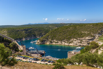 Fototapeta na wymiar Corsica, France. Bonifacio: a picturesque view of an ancient fortress above the sea bay