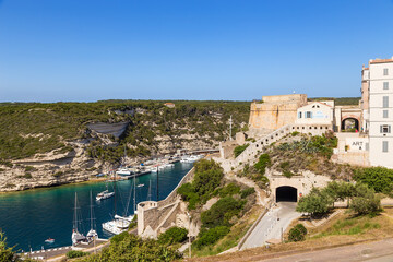 Fototapeta na wymiar Corsica, France. Bonifacio: a picturesque view of the bay, the port and the ancient fortress