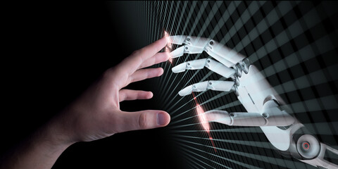 Fototapeta premium Hands of Robot and Human Touching. Virtual Reality Concept 3d Illustration