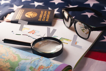 Atlas, sunglasses, American flag stencil from the paper.