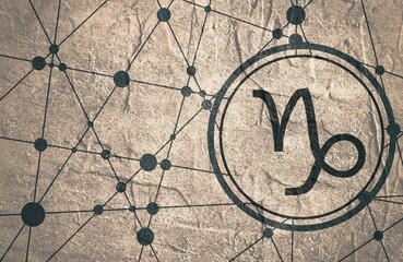 Zodiac symbol in circle. Concrete grunge texture. Molecule And Communication Background. Connected lines with dots. Modern  brochure, report or cover design template. Sign of the Capricorn