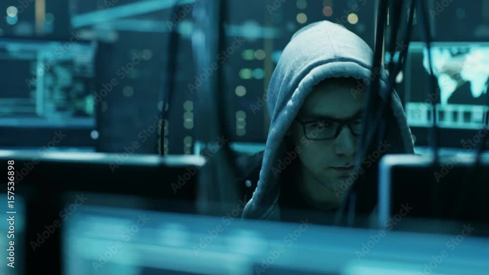 Aufkleber Dangerous Hooded Hacker Breaks into Government Data Servers and Infects Their System with a  Virus. Shot on RED EPIC-W 8K Helium Cinema Camera.