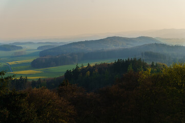 Misty mountain hills and fields