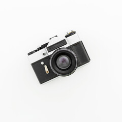 Old camera on white. Flat lay, Top view