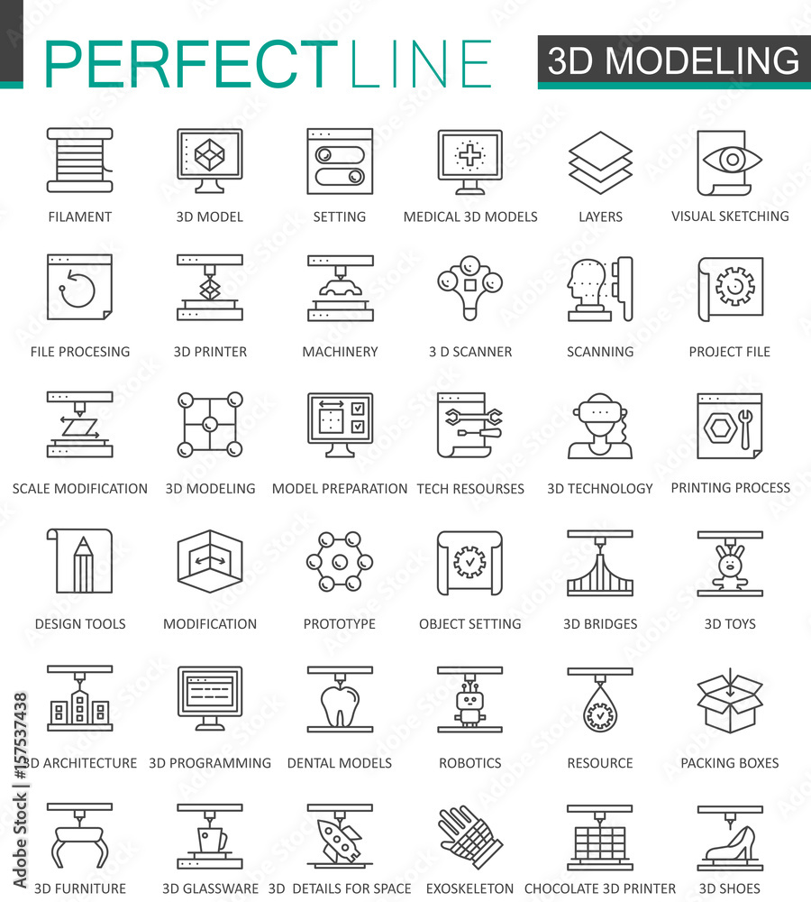 Aufkleber 3d modeling and printing thin line web icons set. Outline stroke icons design.