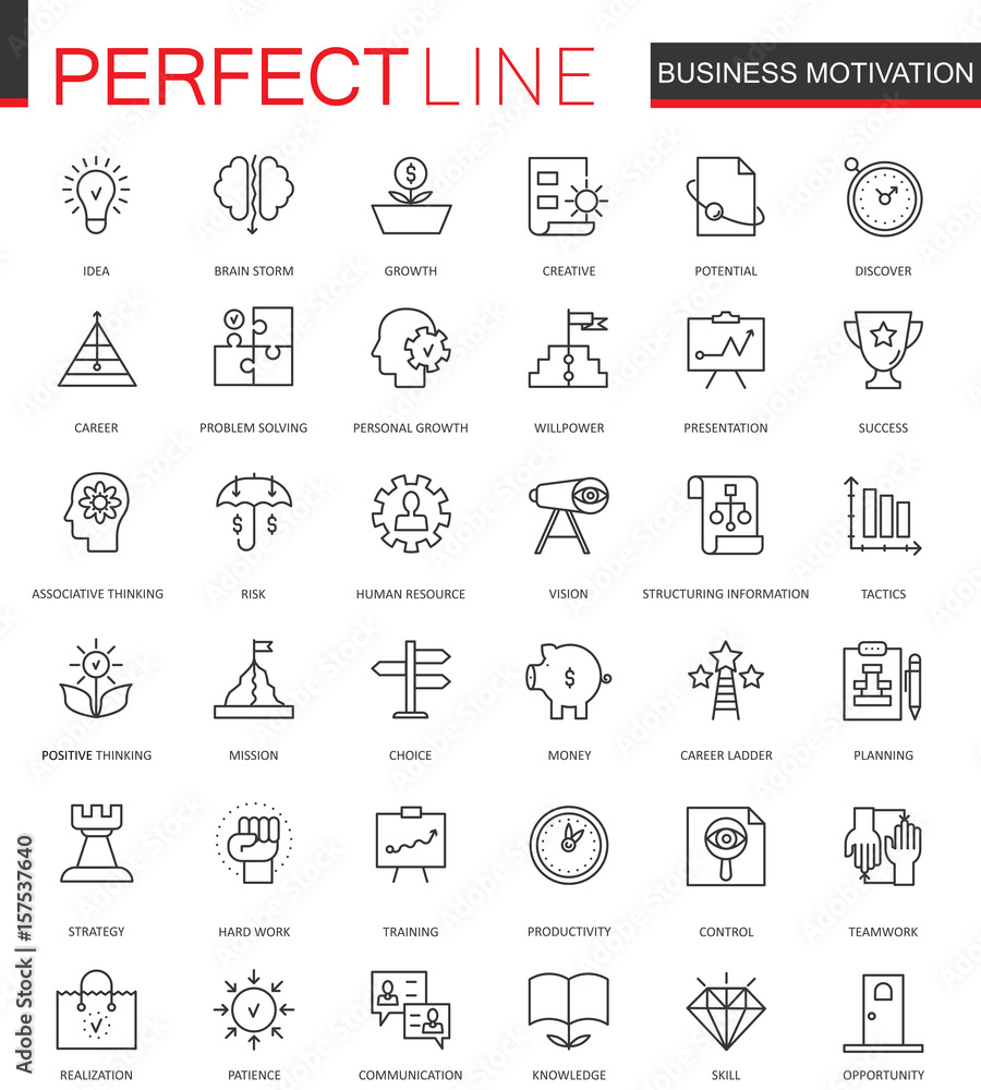 Poster business motivation thin line web icons set. discipline organization outline stroke icons design.