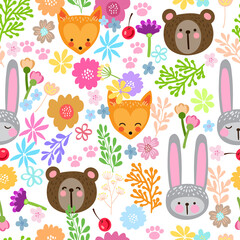 Naklejka premium Vector seamless pattern with cute animals. Beautiful children's print with bunny, teddy bear, fox and flower. Cute children's pattern.